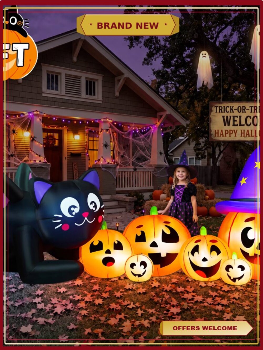 9FT Halloween Inflatable Black Cat with Pumpkins LED Lights Outdoor Yard